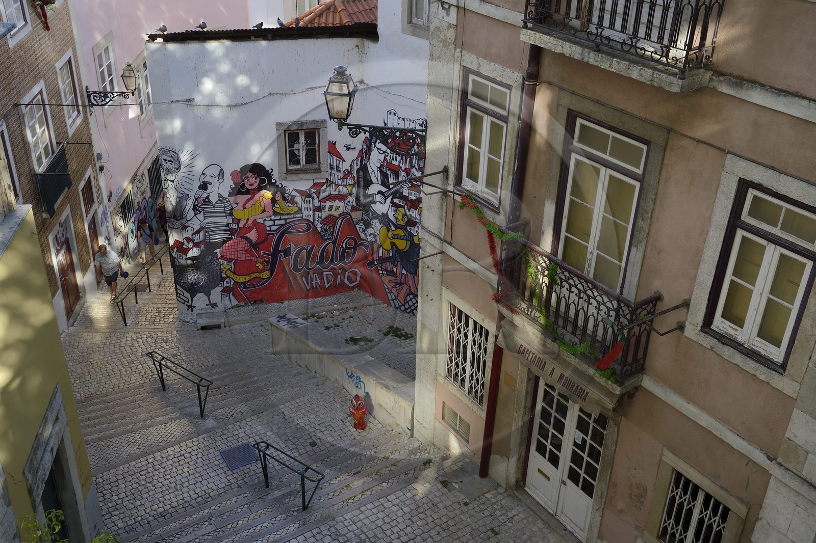 Portugal, Lisbonne, quartier de l'Alfama, ruelle en escaliers escadinhas de Sao Cristovao, fresque sur le Fado
