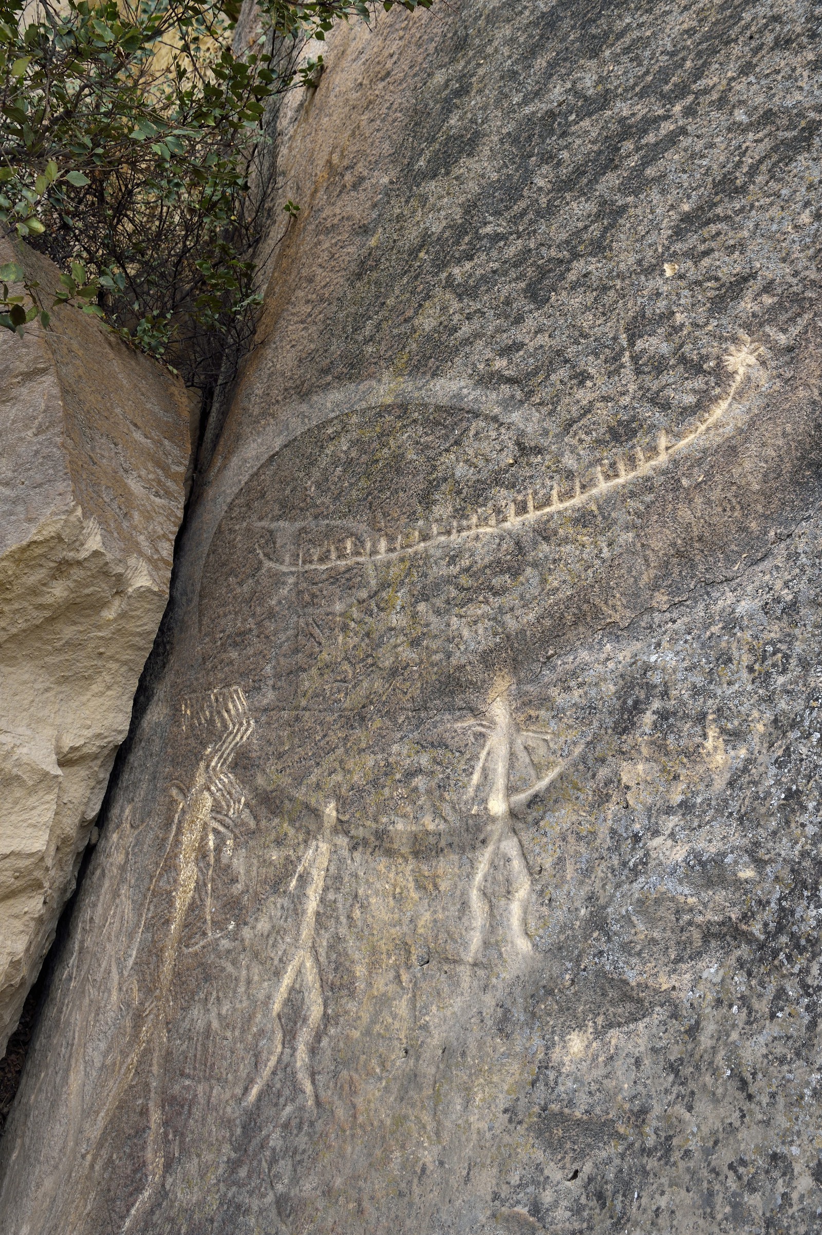 Azerbaijan, Gobustan, Gobustan National Park, Gobustan Rock Art Cultural Landscape, representation of hunters and a boat