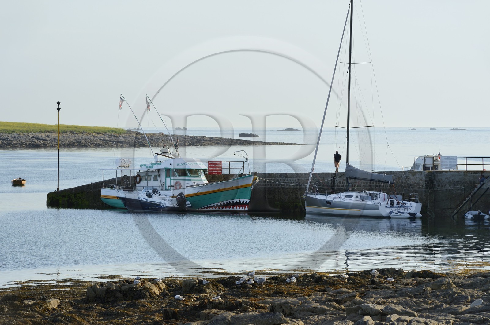 France, Finistère (29), La Foret Fouesnant, archipel des Glénan, Ile Saint-Nicolas, le port et l'Ile Drénec en arrière plan