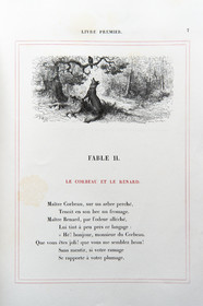France, Aisne, Château-Thierry, Jean de La Fontaine Museum - city of Chateau-Thierry,  La Fontaine's Fables book, L. Hachette et Cie, illustrated edition (1867) by the designer and engraver Gustave Doré, The Raven and the Fox fable II from book I