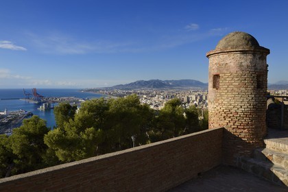 Spain, Andalusia, Malaga, the Castillo de Gibralfaro castle bartizan overlooking the city