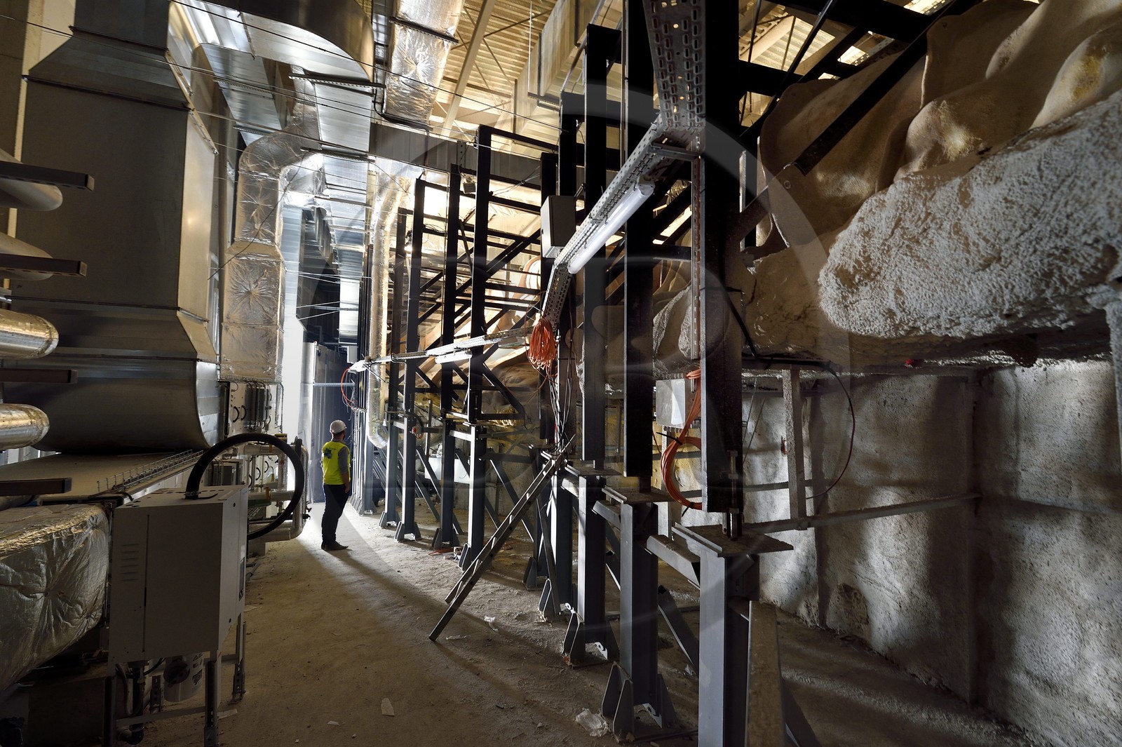 France, Dordogne, Montignac, Montignac-Lascaux Parietal Art international Centre (Lascaux 4) building site, behind the scenes of the reconstituted cave by the Atelier des Fac-Similés du Périgord (Perigord's Facsimile Workshop AFSP) and air conditioning which will keep the temperature constantly at 14 ° C