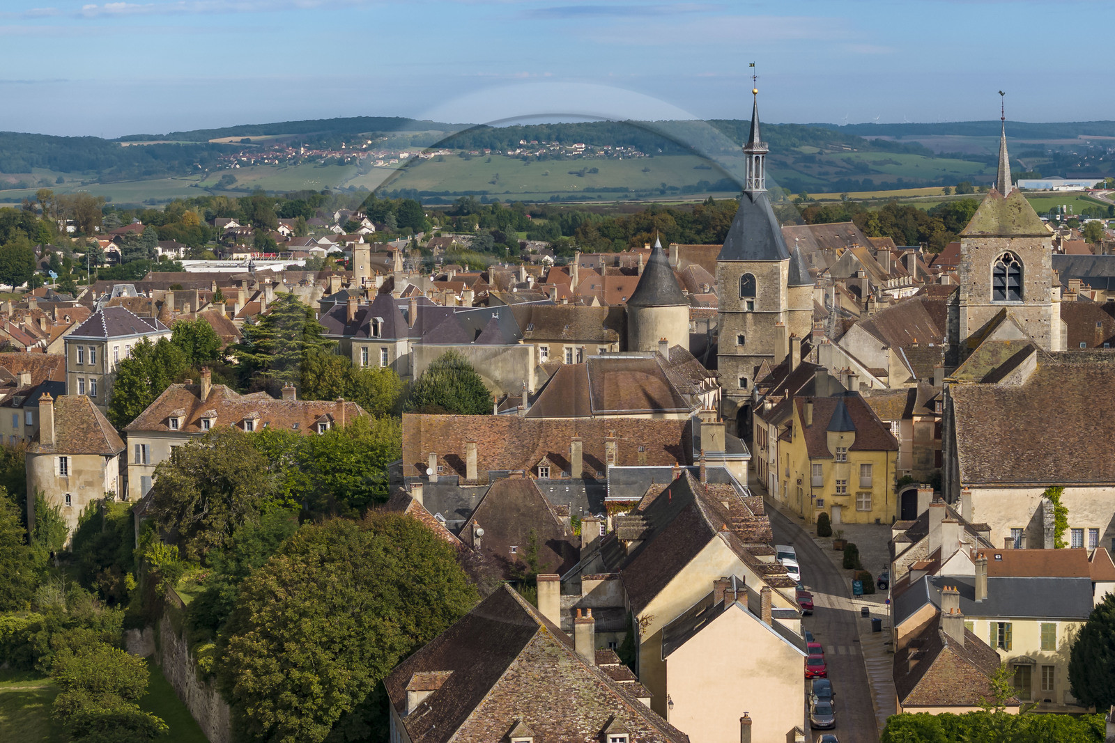 France, Yonne, regional natural park of Morvan, Avallon, the old town, the Clock Tower and the collegiate church of Saint-Lazare on the right (aerial view)