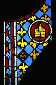 France, Paris, Musee du Moyen-Age (Middle Ages Museum), the former Hotel de Cluny, stained-glass window from the Sainte-Chapelle in Paris, Panel with heraldic decoration