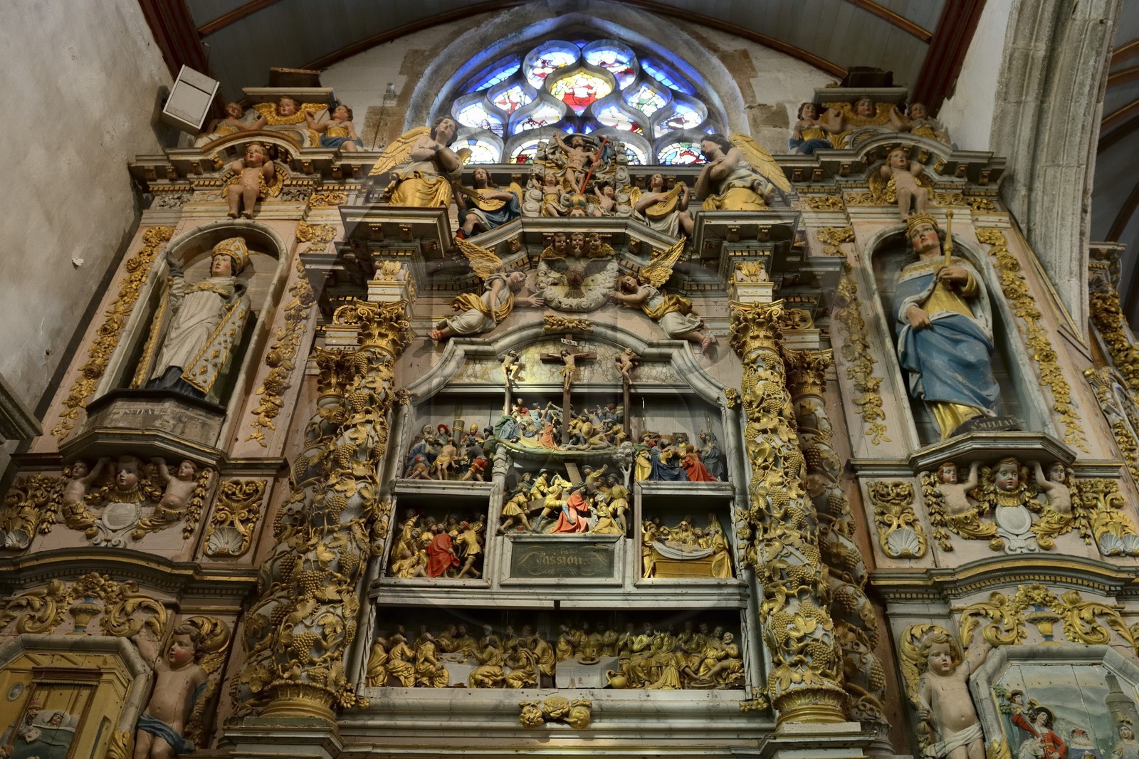 France, Finistere, Lampaul Guimiliau church, the altar piece of Passion