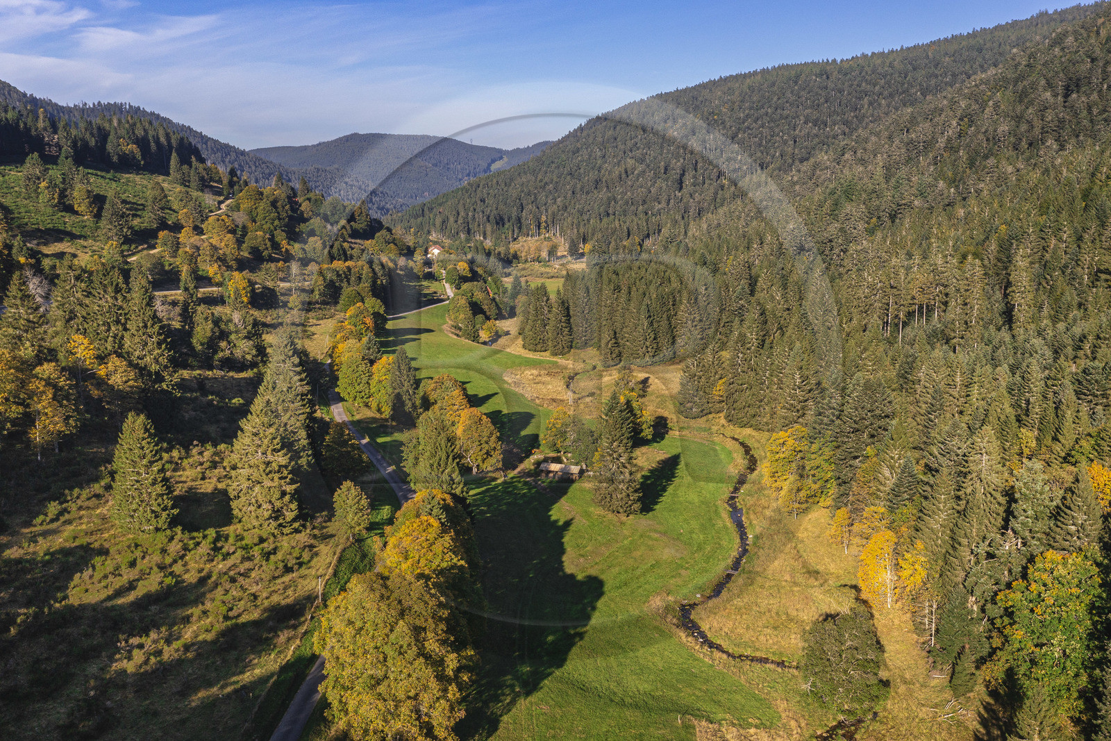 France, Vosges, Le Valtin, village in the upper valley of the Meurthe, the valley below the Schlucht pass (aerial view)