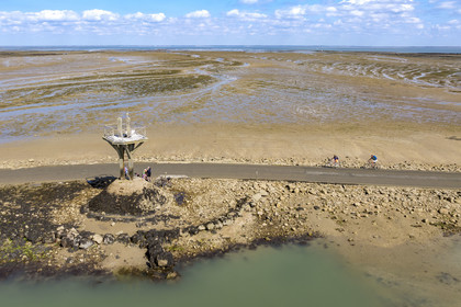 France, Vendée (85), île de Noirmoutier, Barbatre, cyclistes sur le passage du Gois, chaussée submersible qui relie l'île au continent à marrée basse, un des refuges sur la gauche (vue aérienne)