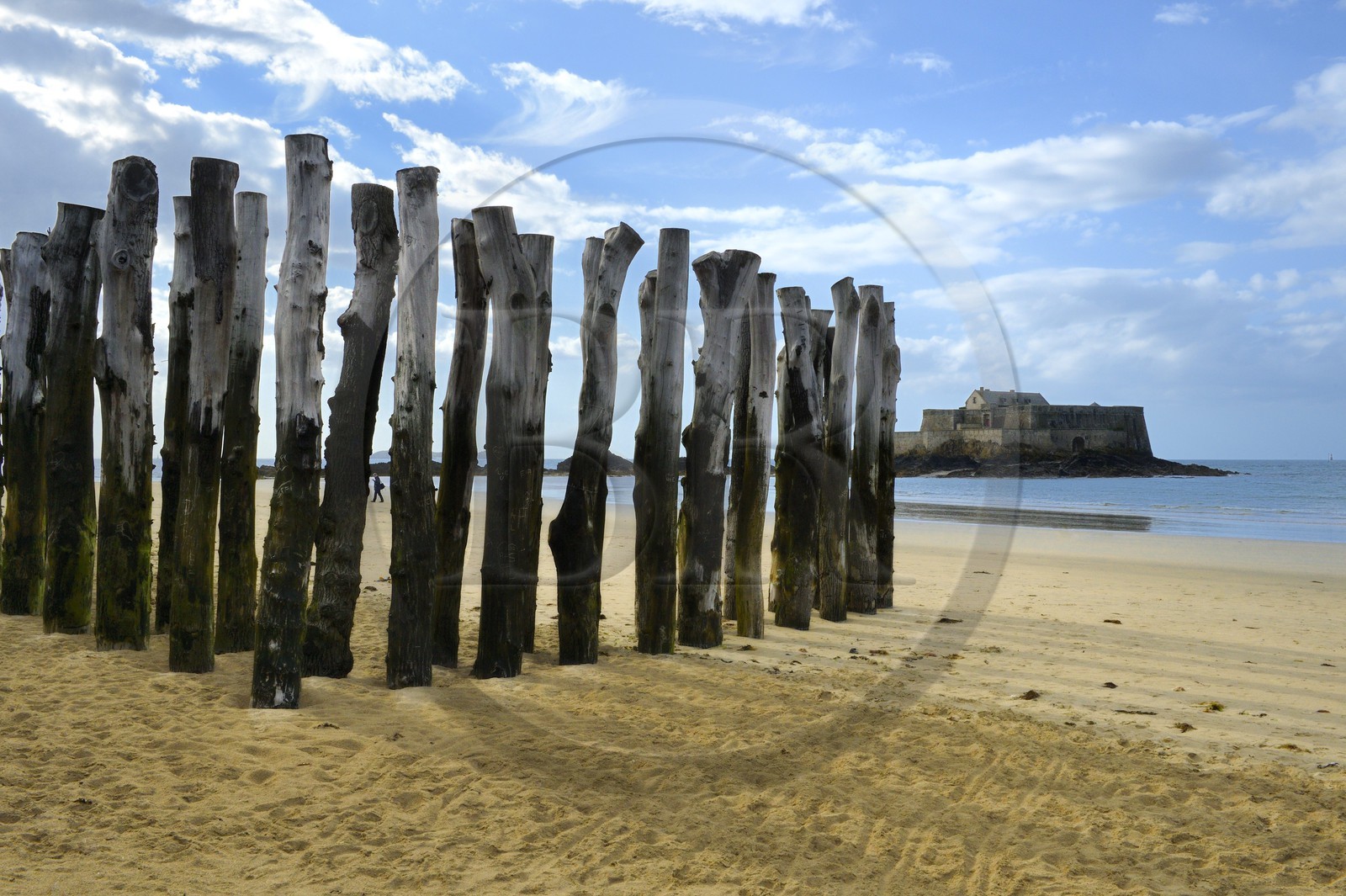 France, Ille-et-Vilaine, cote d'emeraude (Emerald Coast), Saint Malo, oak posts of the Sillon Beach to protect the walls of the assault waves, Fort National built by Vauban and Garangeau in the seventeenth century