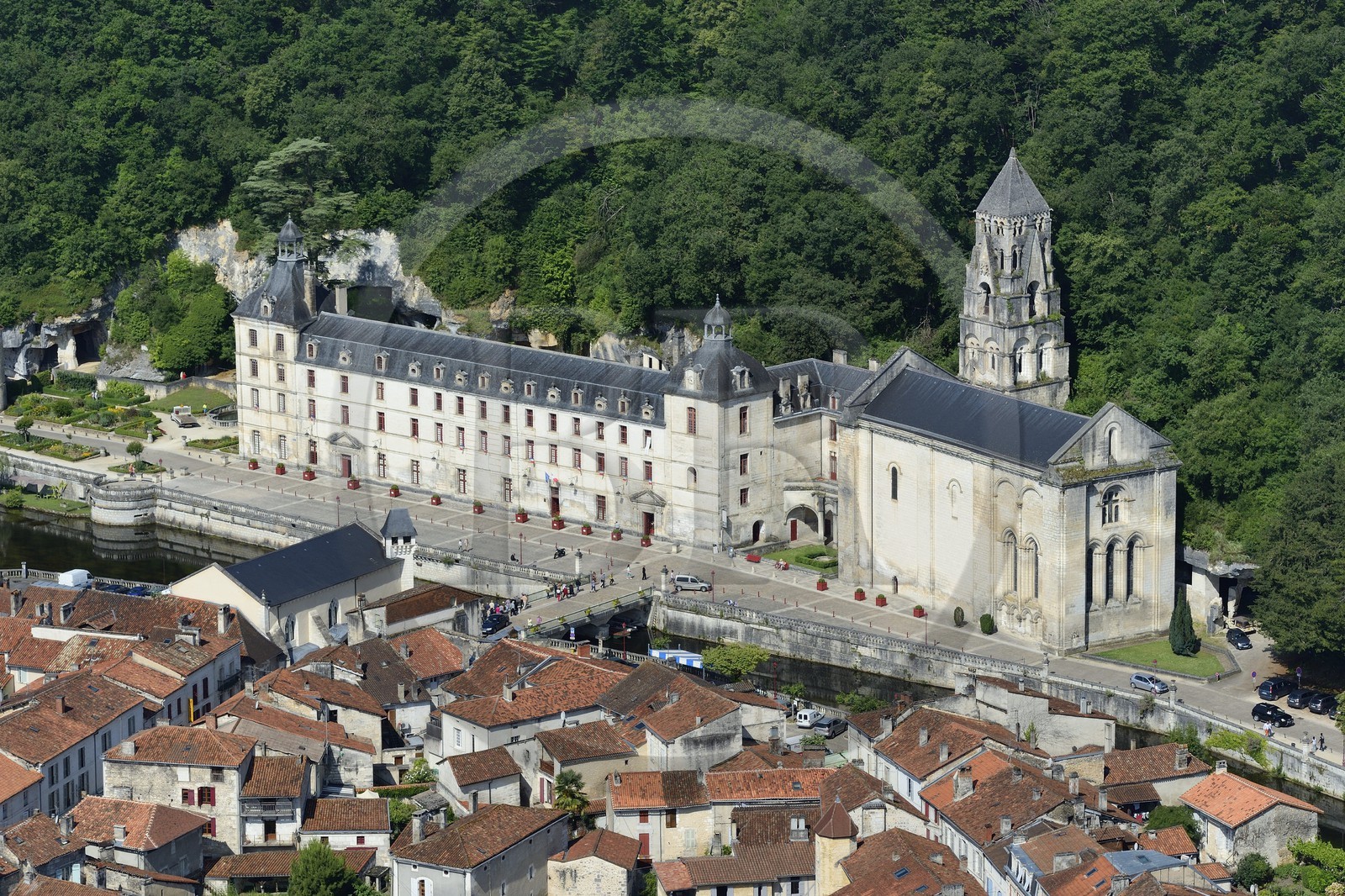 France, Dordogne, Brantome, Saint Pierre benedictine abbey along the Dronne river and the village (aerial view)