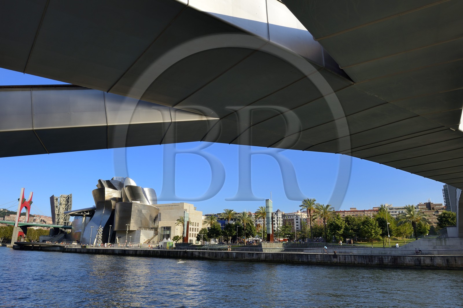 Espagne, Biscaye, Pays Basque espagnol, Bilbao, le musée Guggenheim de l'architecte Frank Gehry vu depuis la passerelle Pedro Arrupe, de l' architecte José Antonio Fernandez Ordonez, sur le Nervion