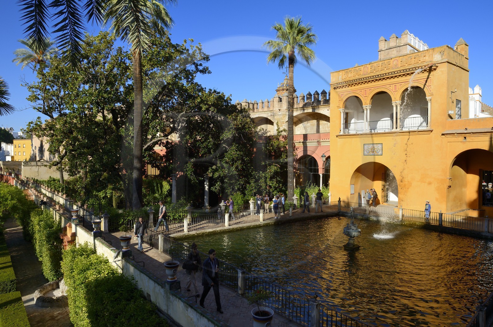 Espagne, Andalousie, Séville, Alcazar de Séville (Reales Alcazares de Sevilla), classé Patrimoine Mondial de l'UNESCO, les jardins et le Palacio Gotico, fontaine de Mercure