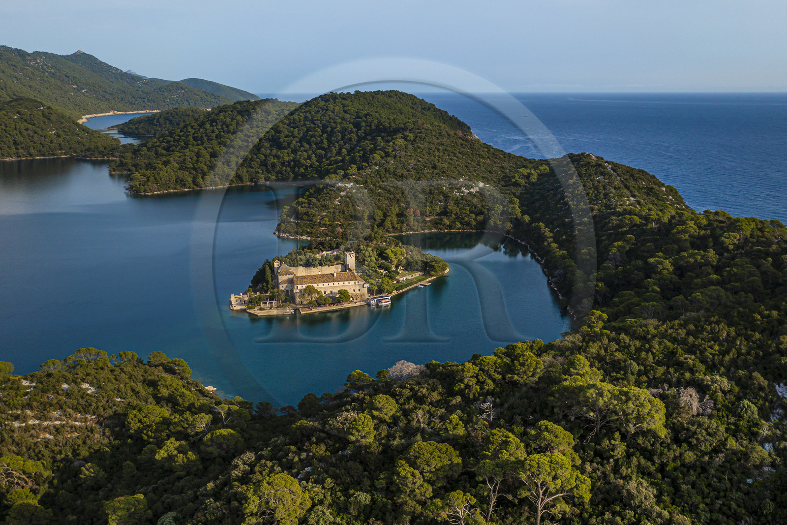 Croatia, Dalmatia, Dalmatian coast, Island of Mljet, National Park of Mljet, former Benedictine monastery on the islet of Sainte Mary (Sveta Marija) (aerial view)