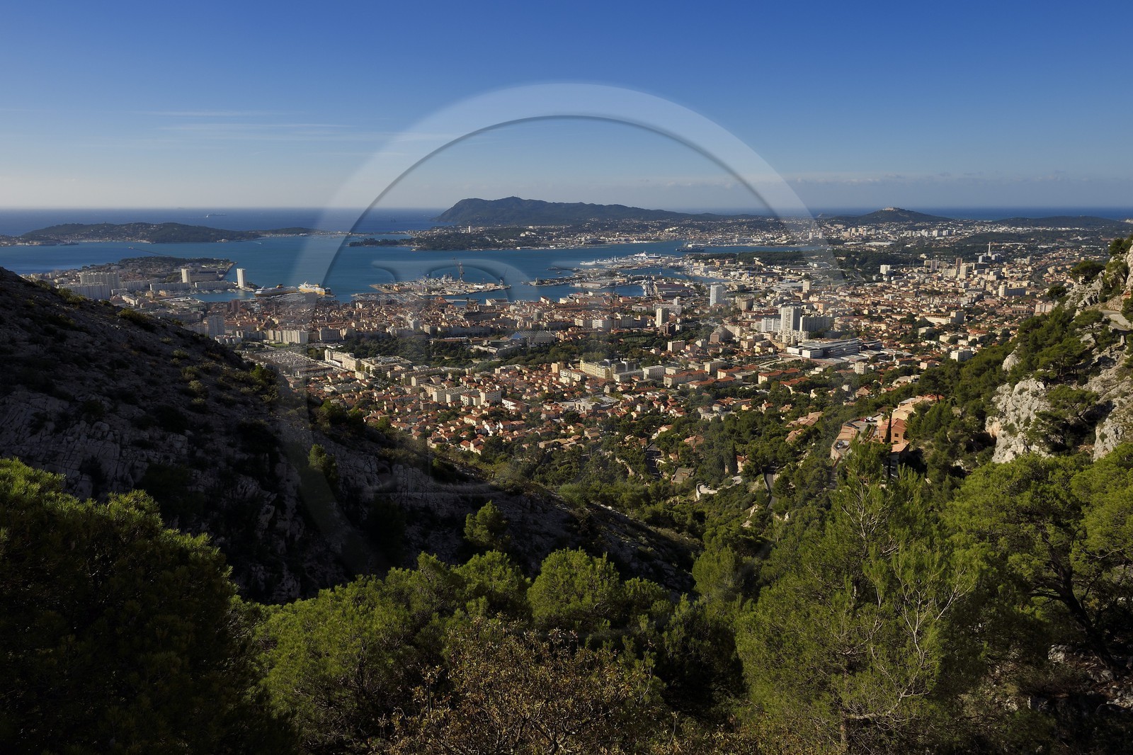 France, Var, Toulon, the Rade (Roadstead) from Mount Faron, the peninsula of Saint mandrier and Cape Sicie in the background
