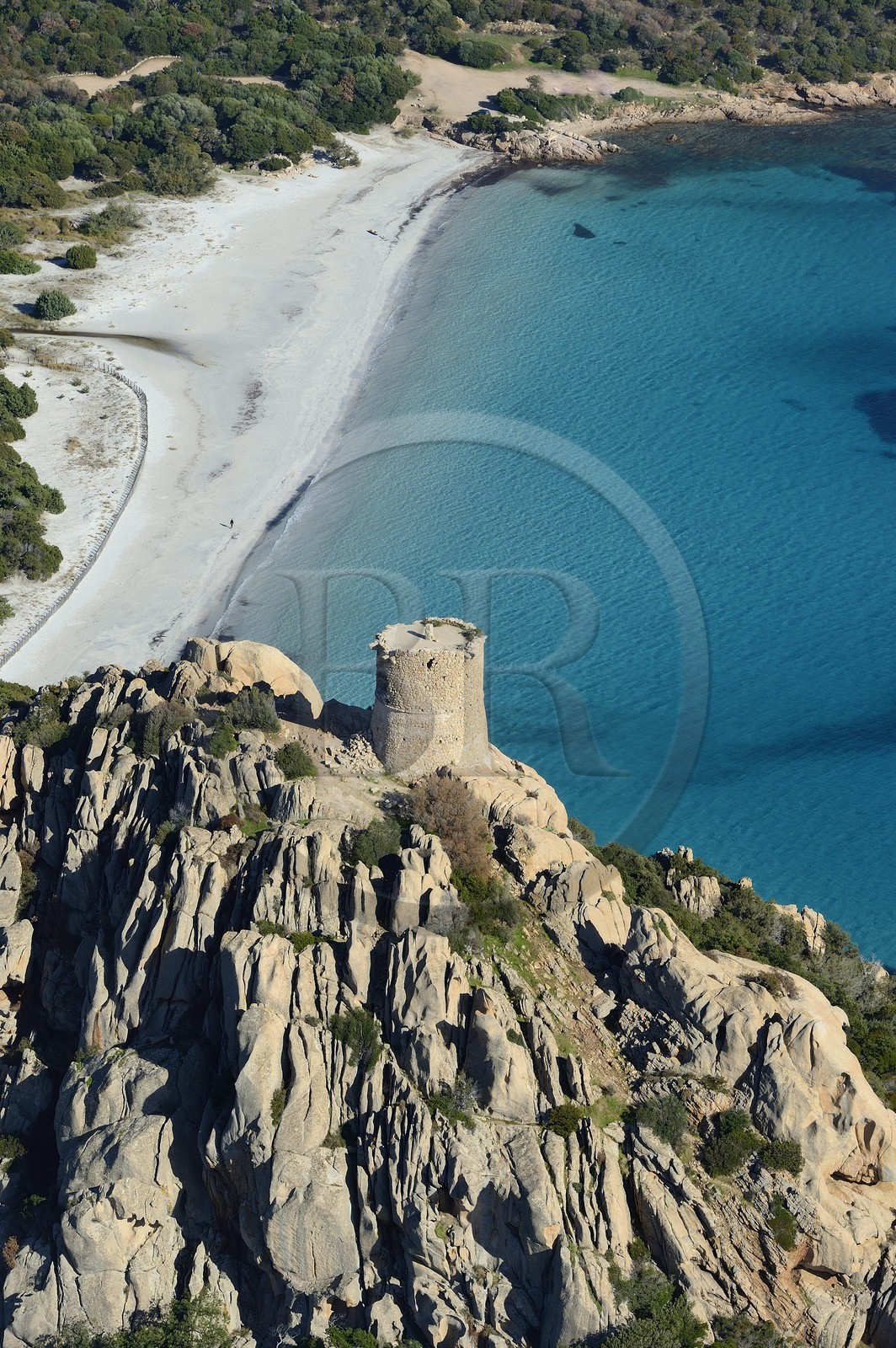 France, Corse du Sud, Cala de Roccapina natural site, Roccapina genoese tower (aerial view)