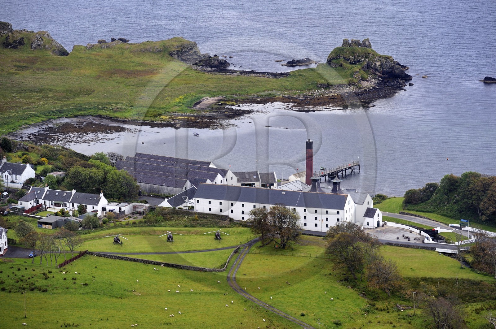 United Kingdom, Scotland, Inner Hebrides, Islay Island, Port Ellen, Lagavulin Scotch whisky distillery (aerial view)