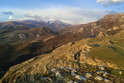 Azerbaijan, Quba (Guba) region, Greater Caucasus mountain range, village of Giriz at dawn (aerial view)