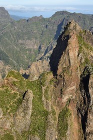 Portugal, Ile de Madère, randonneurs sur le sentier du Vereda do Areeiro entre les monts Pico Ruivo (1862m) et Pico Arieiro (1817m), vue depuis le belvédère de Ninho da Manta (nid de buse) sur la chaine de montagnes centrale