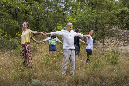 France, Var, Provence Verte (Green Provence), Bras, Academie du Bain de Foret Provencale (Academy of Forest Bathing in Provence), forest of the domaine Le Peyrourier - une campagne en Provence, Constanze Coisne guides Shinrin Yoku