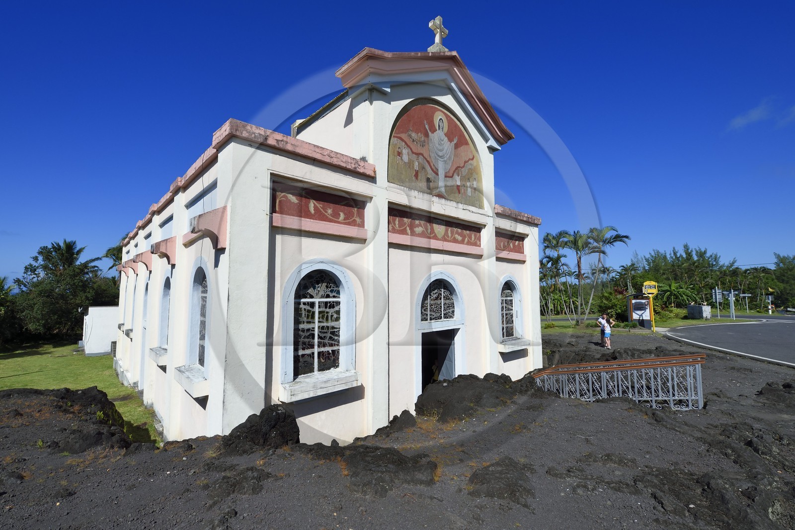 France, Reunion island (French overseas department), Piton Sainte Rose, Notre-Dame-des-Laves church spared by the lava flow solidified today that stopped on his porch during an eruption of the Piton de la Fournaise volcano occurred in 1977