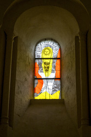 France, Charente Maritime, the former priory of Saint-Jean-l'Evangéliste de Trizay, called the abbey of Trizay, houses a contemporary art center, stained glass windows by Richard Texier