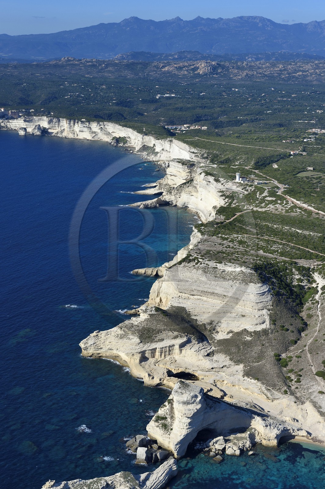 France, Corse-du-Sud (2A), Réserve Naturelle des Bouches de Bonifacio, les falaises de calcaire (vue aérienne)
