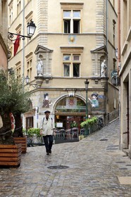 France, Rhone, Lyon, historical site listed as World Heritage by UNESCO, Vieux Lyon (Old Town), Saint George district, the place de la Trinite with the Café du Soleil served as the backdrop for the puppeteers putting on Guignol shows