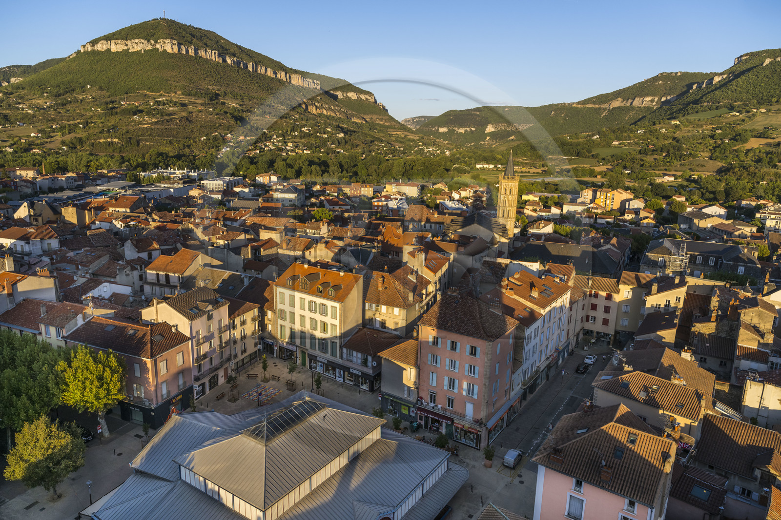 France, Aveyron, Millau, the market hall built in 1899 in the heart of the city center, the Notre-Dame de l'Espinasse church and the Puncho d'Agast mountain in the background