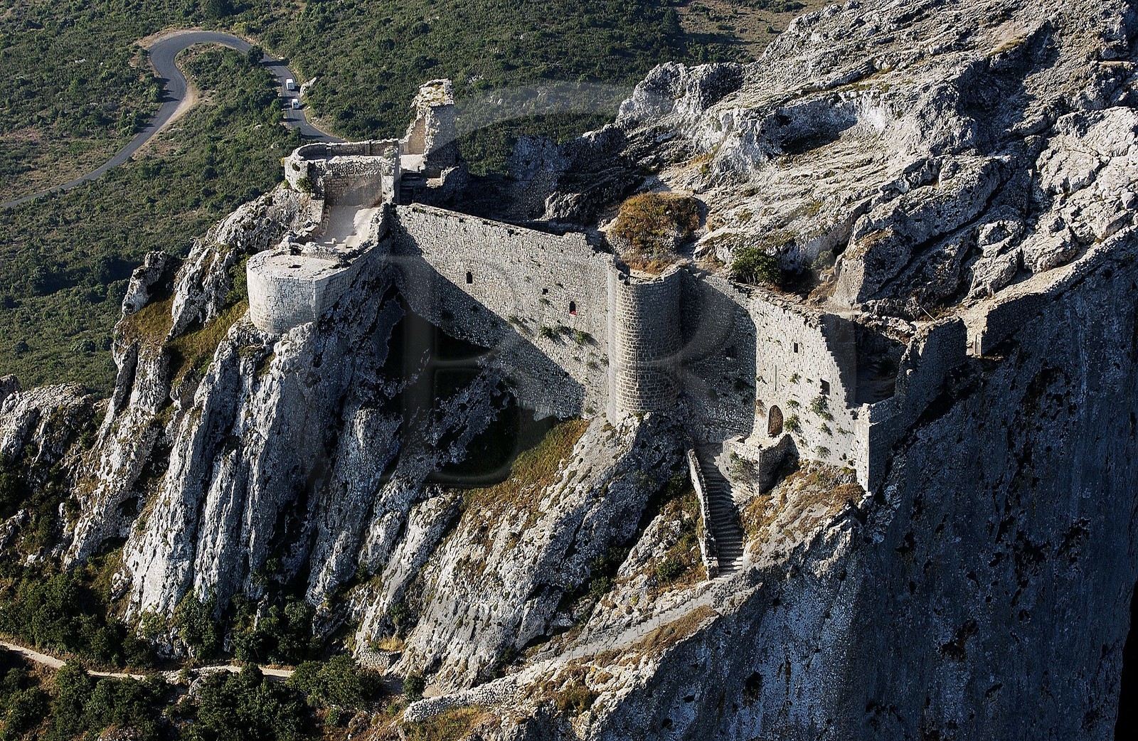 France, Aude, Cathar castle of Peyrepertuse (aerial view)