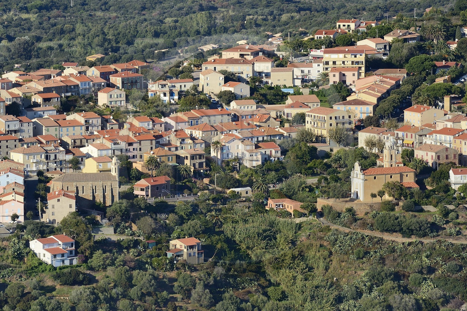 France, Corse du Sud, Cargese, Greek catholic church of Saint Spyridon (Eastern rite or Uniate) left and the catholic church (latin rite) right (aerial view)
