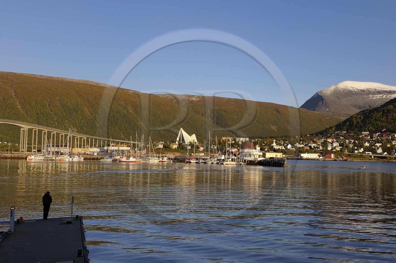 Norvège, Troms, le port de Tromso dans le fjord Tromsesundet, la cathédrale Arctique en arrière plan et le mont Tromsdalstind (1238 m)