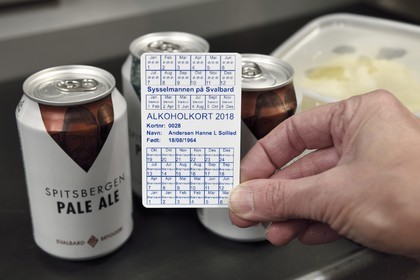 Norway, Svalbard, Spitzbergen, Longyearbyen, the Svalbard supermarket in main street, ration card for the purchase of alcohol for the inhabitants