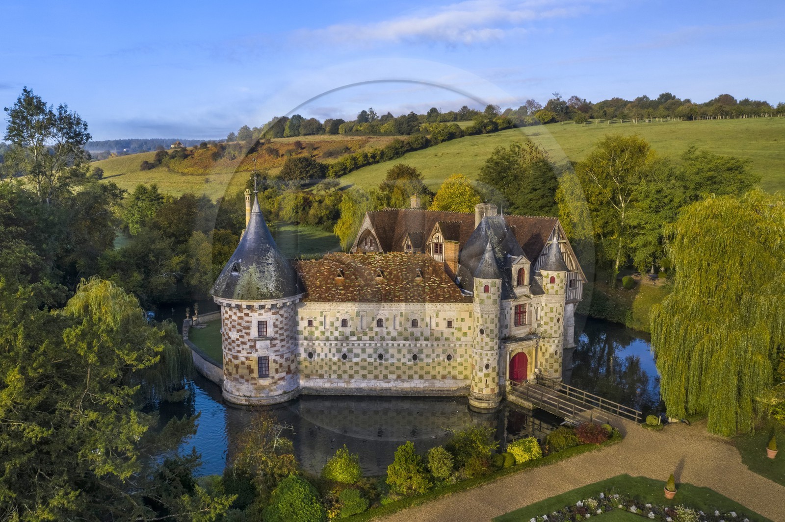 France, Calvados, Pays d'Auge, 15th and 16th century Saint Germain de Livet Castle labeled Museum of France (aerial view)