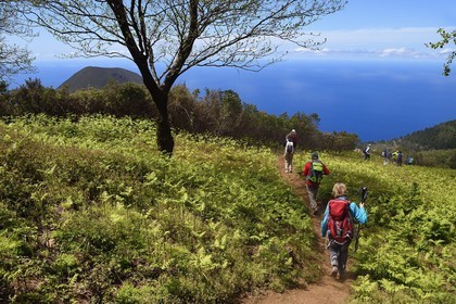 Italie, Sicile, iles Eoliennes, classées Patrimoine Mondial de l'UNESCO, Ile de Salina, randonneurs descendant du Monte Fossa delle Felci, le Monte dei Porri en arrière plan