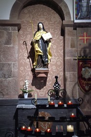 France, Bas Rhin, Mont Saint Odile, Mont Sainte-Odile Abbey also known as Hohenburg Abbey, statue of Sainte-Odile in the basilica