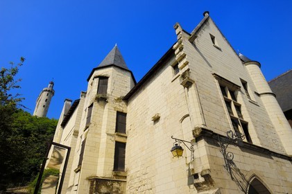 France, Indre et Loire, Loire Valley listed as World Heritage by UNESCO, Chinon, Hotel of the States General in the Grand Carroi (rue Voltaire) and the clock tower of the castle (museum Jeanne d'Arc)