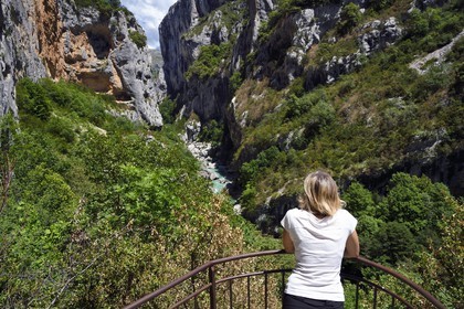 France, Alpes de Haute Provence, Parc Naturel Régional du Verdon, Rougon, Grand Canyon of Verdon at the exit of the corridor Samson, seen from the Trescaire belvedere on the trail sentier Blanc-Martel on the GR4