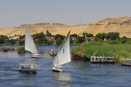Egypt, Upper Egypt, Nile Valley, Aswan, felucca on the Nil and the western bank