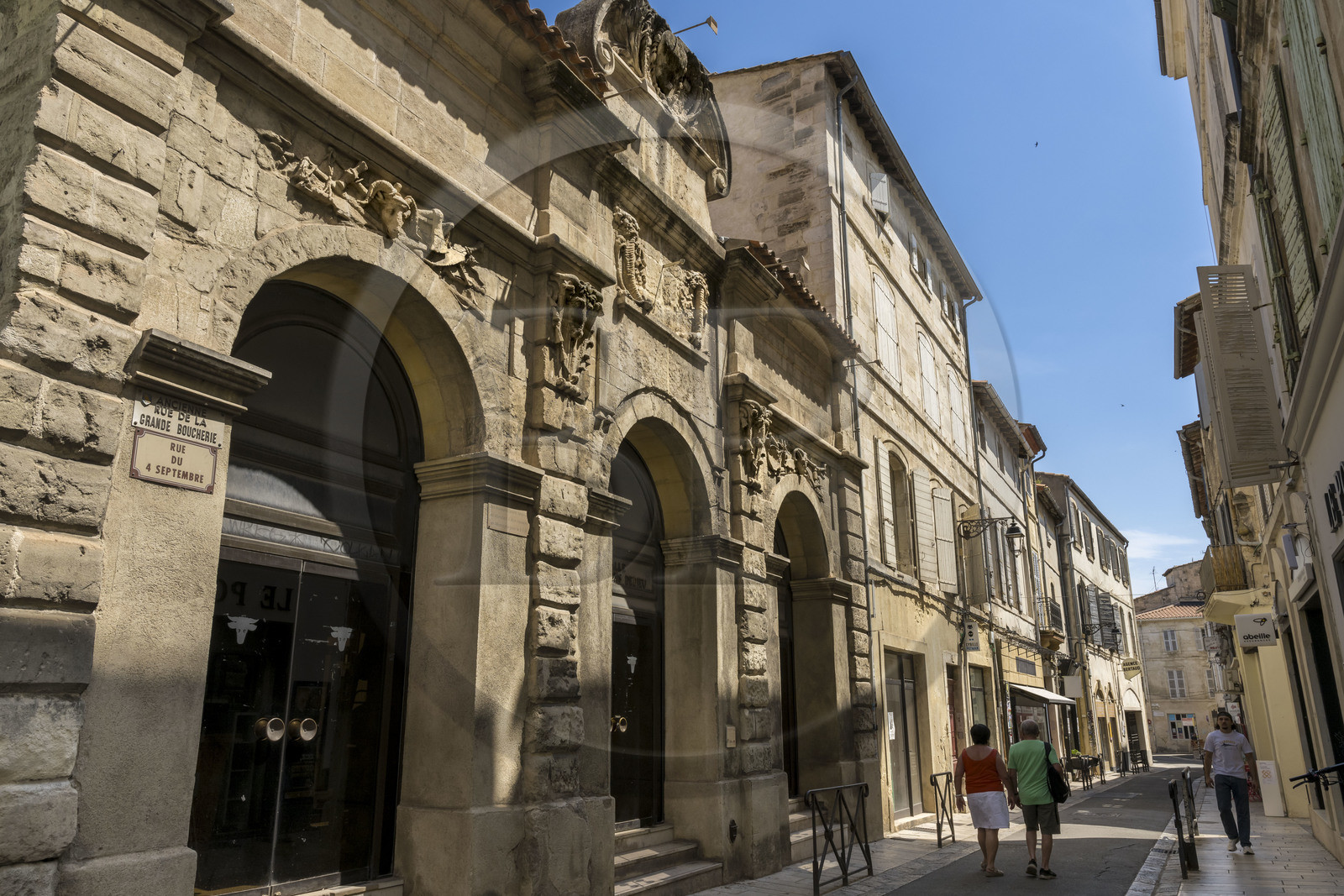 France, Bouches du Rhone, Arles, rue du 4 septembre, former Great Butcher's Shop rebuilt in 1724 and decorated with ox and sheep heads