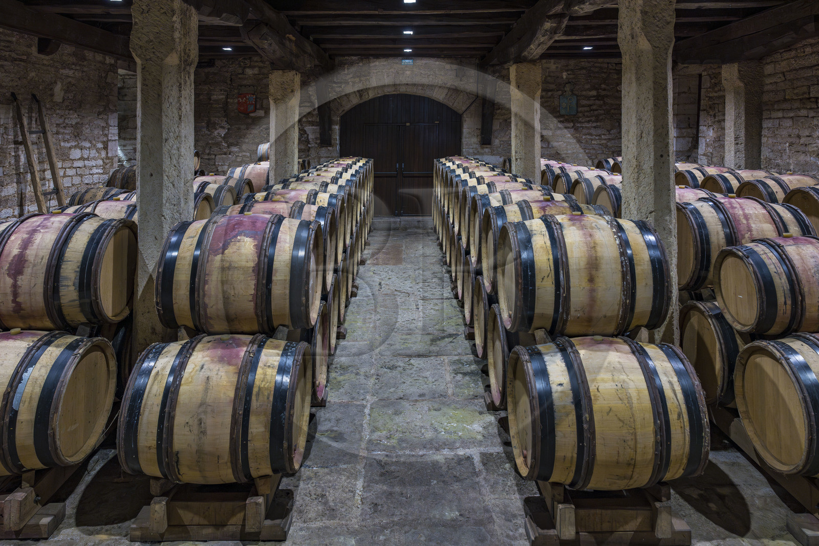 France, Côte-d'Or (21), Paysage culturel des climats de Bourgogne classés Patrimoine Mondial de l'UNESCO, Route des Grands Crus, vignoble de la Côte de Nuits, Gevrey-Chambertin, Domaine Dugat, l'ancien Cellier des Dimes des évêques de Langres où sont entreposés les tonneaux vides ou juste après les vendanges