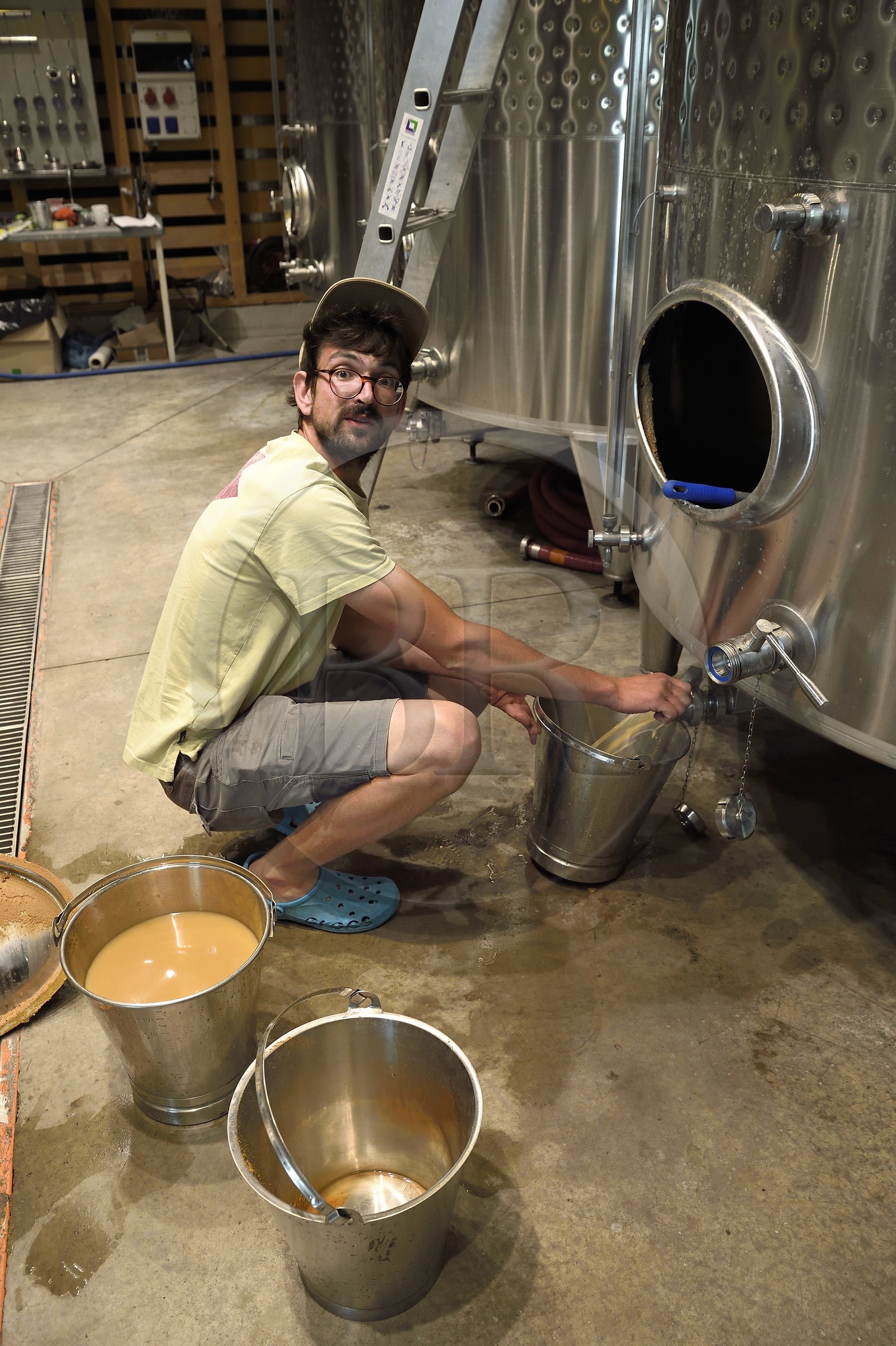 France, Bas-Rhin (67), Route des vins d'Alsace, Scherwiller, domaine viticole Achillée en biodynamie dans un batiment de construction entièrement naturelle, Jean Dietrich fait un débourbage de ses cuves