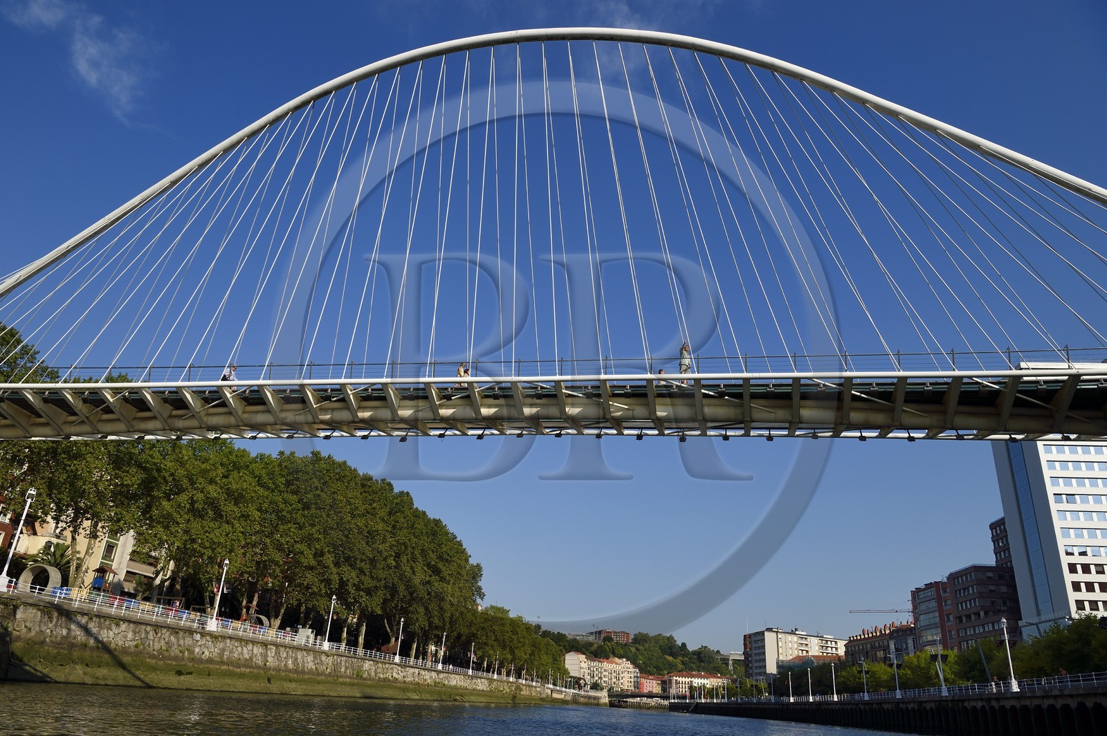 Espagne, Pays basque espagnol, Biscaye, Bilbao, passerelle suspendue Zubizuri dessinée par l'architecte Santiago Calatrava sur le Ria de Bilbao