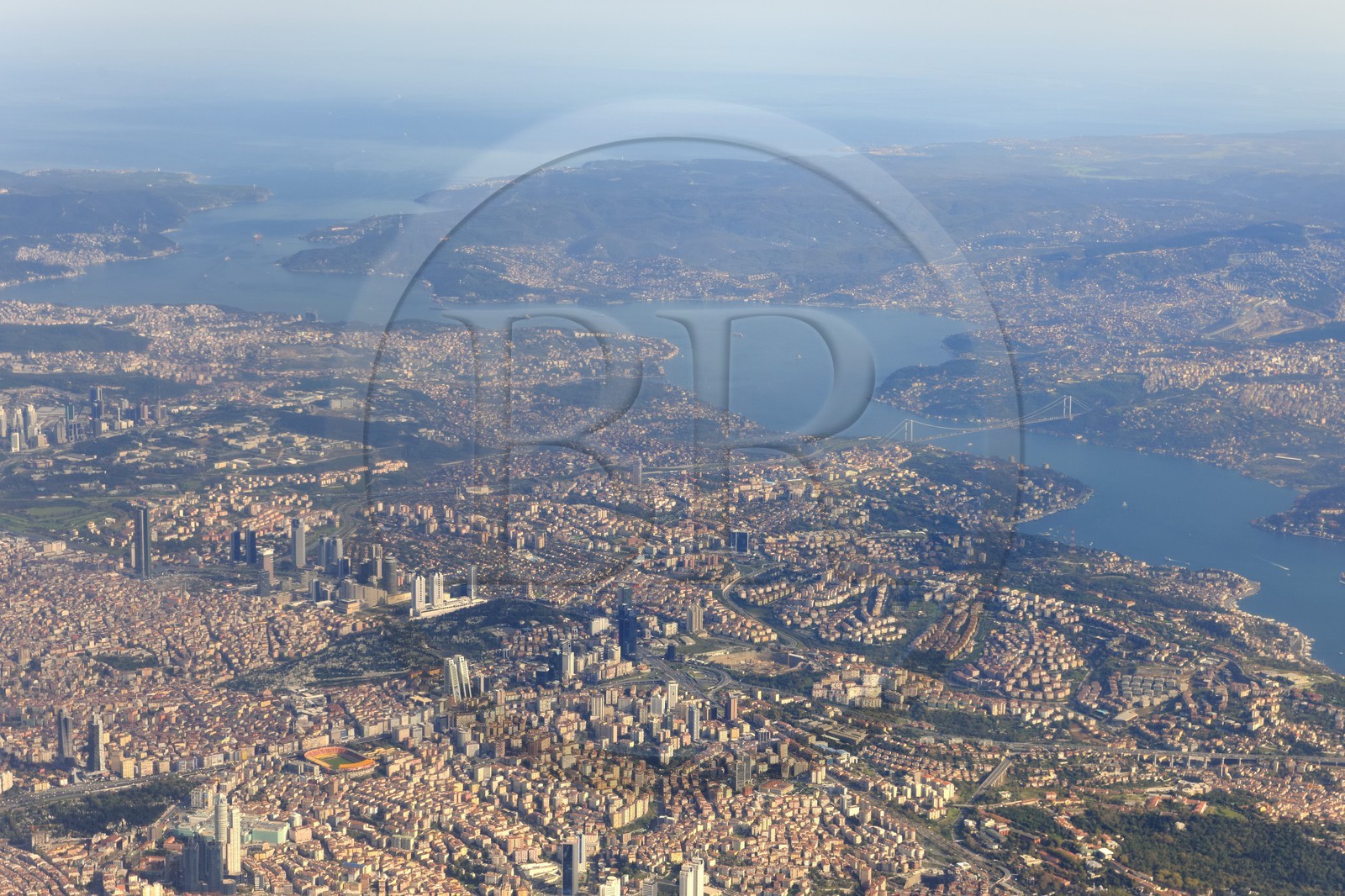 Turkey, Istanbul, the European and the Asian sides separared by the Bosphorus Strait (aerial view)