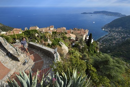 France, Alpes-Maritimes, the hilltop village of Eze and its Exotic Garden, Saint-Jean-Cap-Ferrat in the background