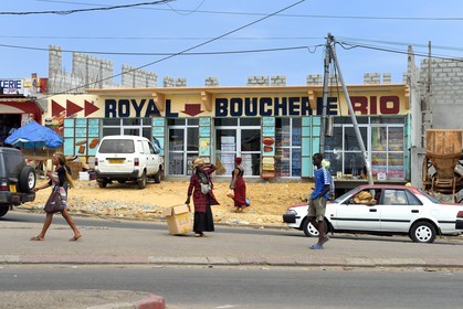 Gabon, Libreville, butchery and fish shop on the Route National 1 (state highway)