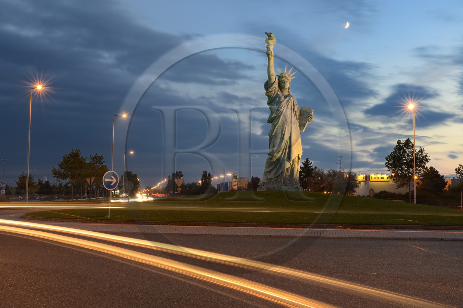 France, Haut Rhin, Colmar, replica of the Statue of Liberty of Auguste Bartholdi on the Strasbourg road, it has a height of 12 meters at the torch