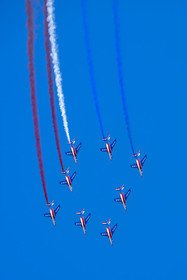 France, Bouches du Rhone, Salon de Provence, air base 701, base of the Patrouille de France (PAF for Patrouille acrobatique de France) of the French Air and Space Force, Alphajet planes fly in diamond formation