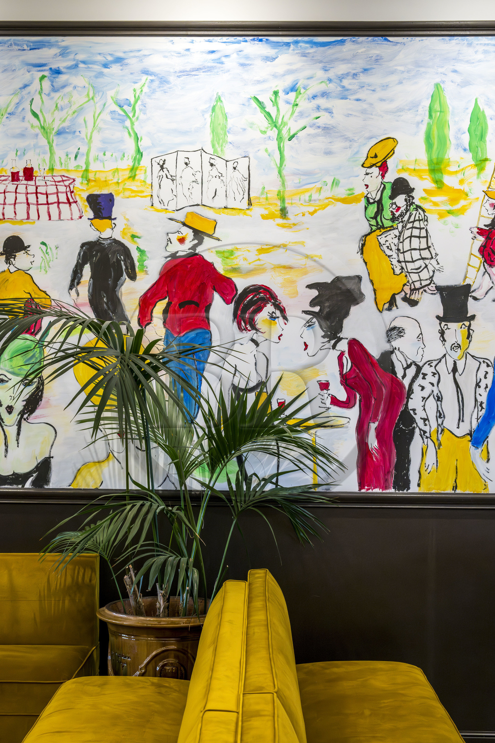 France, Vaucluse (84), Châteauneuf-du-Pape, fresque de Hippolyte Romain (2022) dans la salle historique du restaurant étoilé Michelin La Mère Germaine