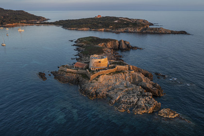 France, Var, Iles d'Hyeres, Parc National de Port Cros (National park of Port Cros), Porquerolles island, the 17th century Fort du Petit Langoustier on its island and Porquerolles in the background (aerial view)