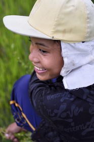 Philippines, province d'Ifugao, les rizières en terrasses de Banaue autour du village de Cambulo, classées Patrimoine Mondial de l'UNESCO, Shimah 16 ans qui travaille aux champs