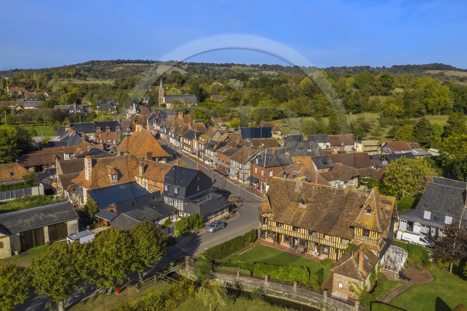 France, Calvados, Pays d'Auge, Beuvron en Auge, labelled Les Plus Beaux Villages de France (The Most Beautiful Villages of France) (aerial view)
